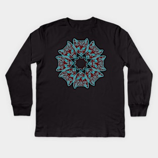 Kitty Cat Mandala in blue and red. Meow. Kids Long Sleeve T-Shirt